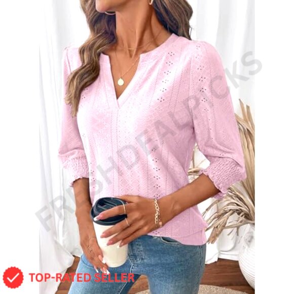 V-Neck Hollow Out Blouse 3/4 Sleeve Business Casual T-Shirt Elegant Chic - Picture 2 of 7